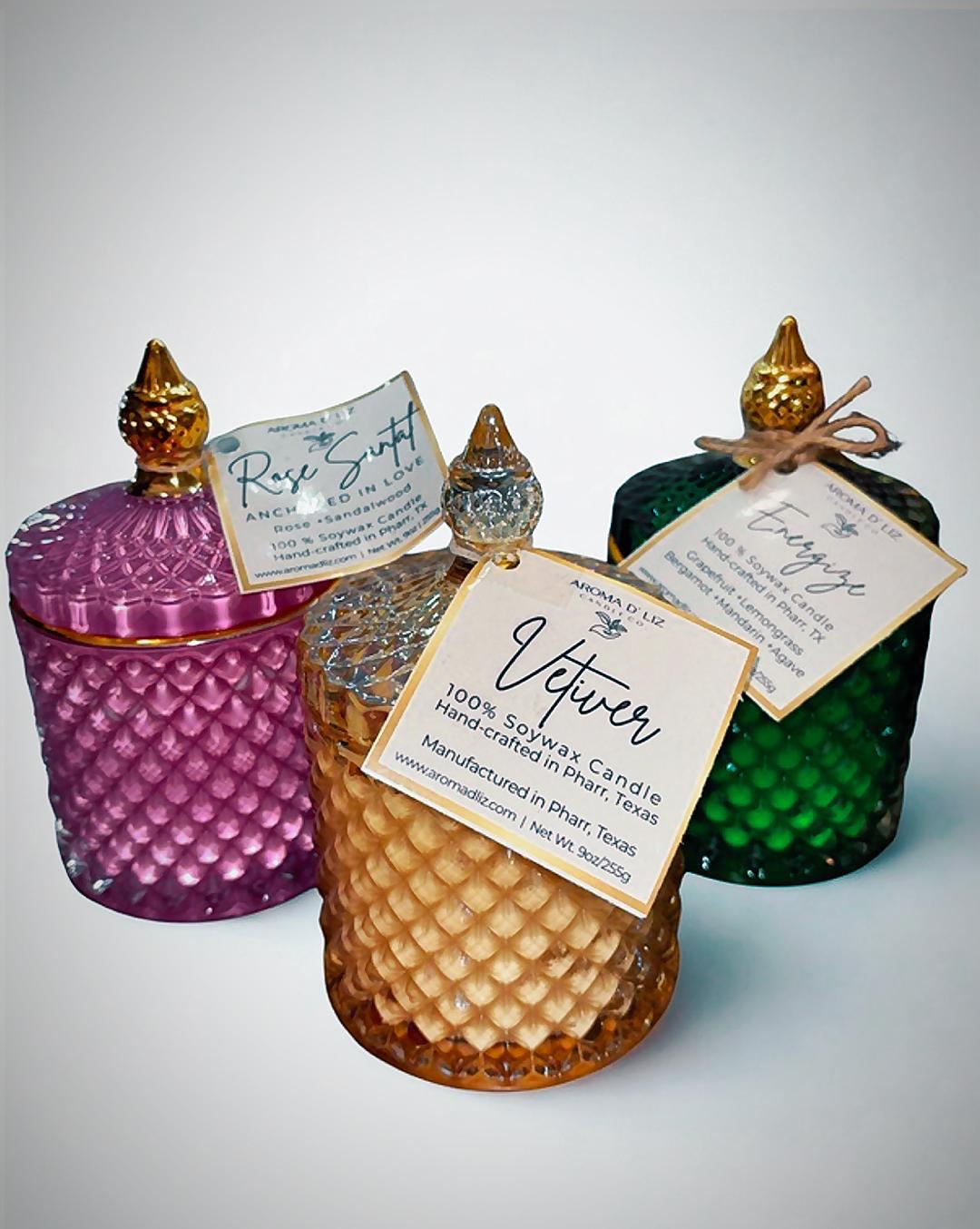 Ornate Aroma D'Liz candle vessels arranged together
